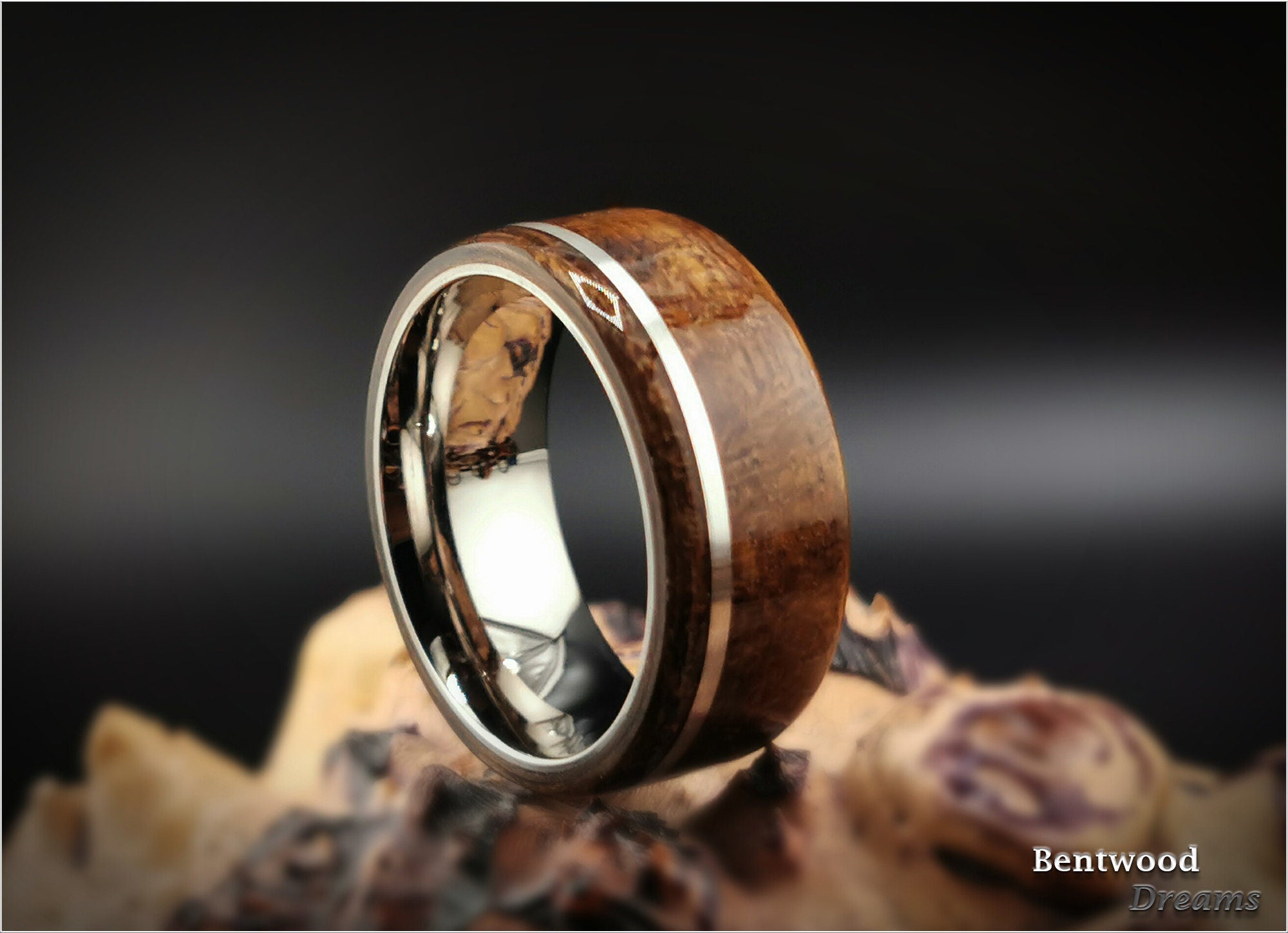 Bentwood Ring: Figured Daniella, offset inlaid Silver Wire, Polished Titanium Core, wood ring