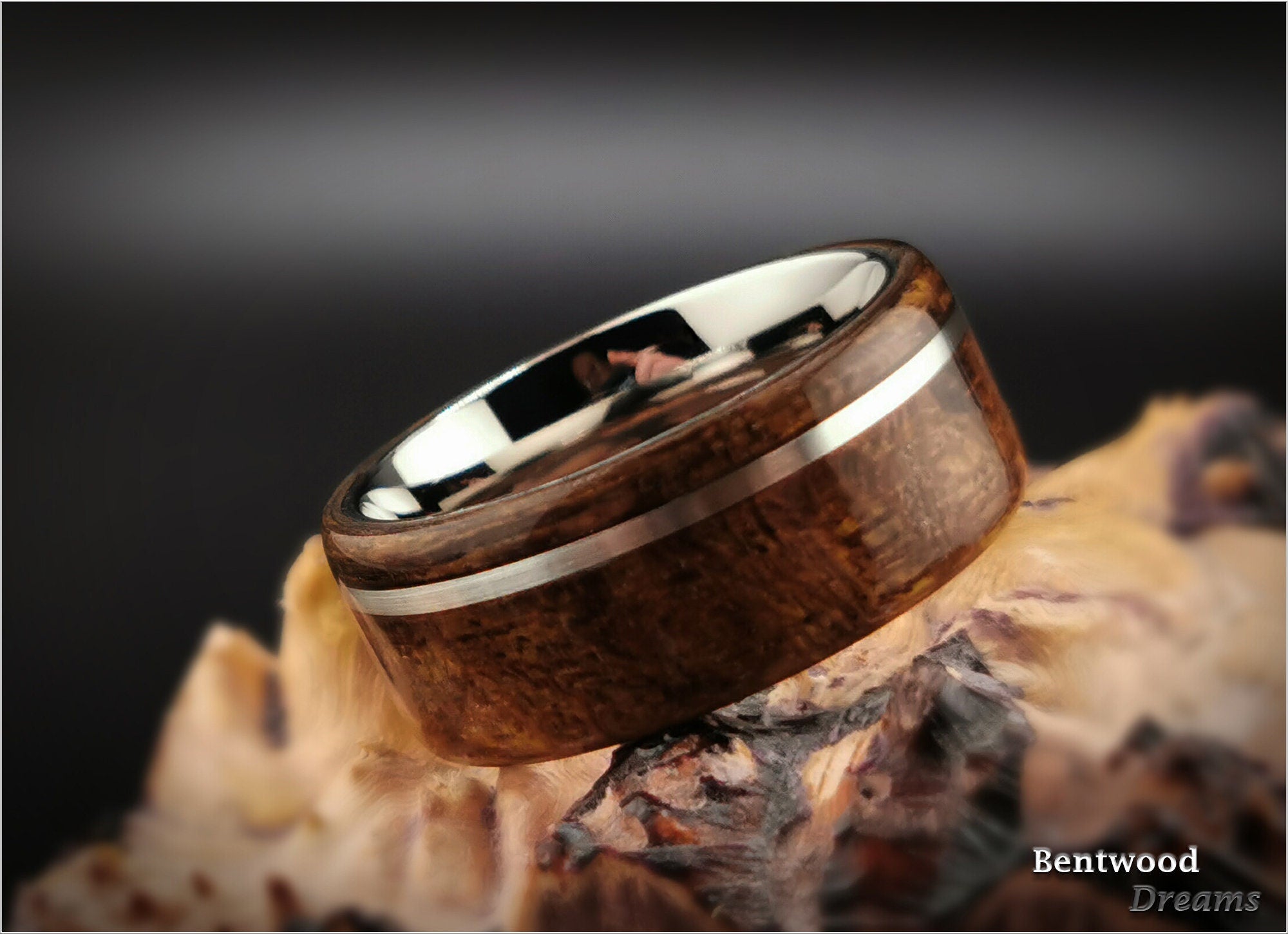 Bentwood Ring: Figured Daniella, offset inlaid Silver Wire, Polished Titanium Core, wood ring