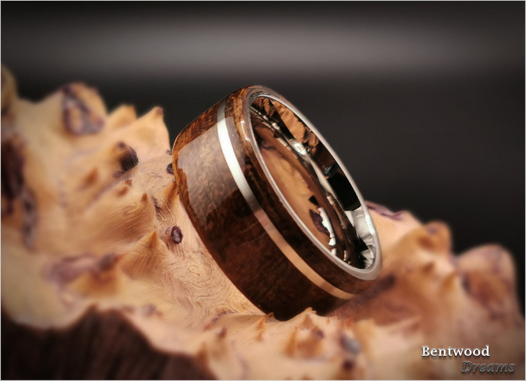 Bentwood Ring: Figured Daniella, offset inlaid Silver Wire, Polished Titanium Core, wood ring