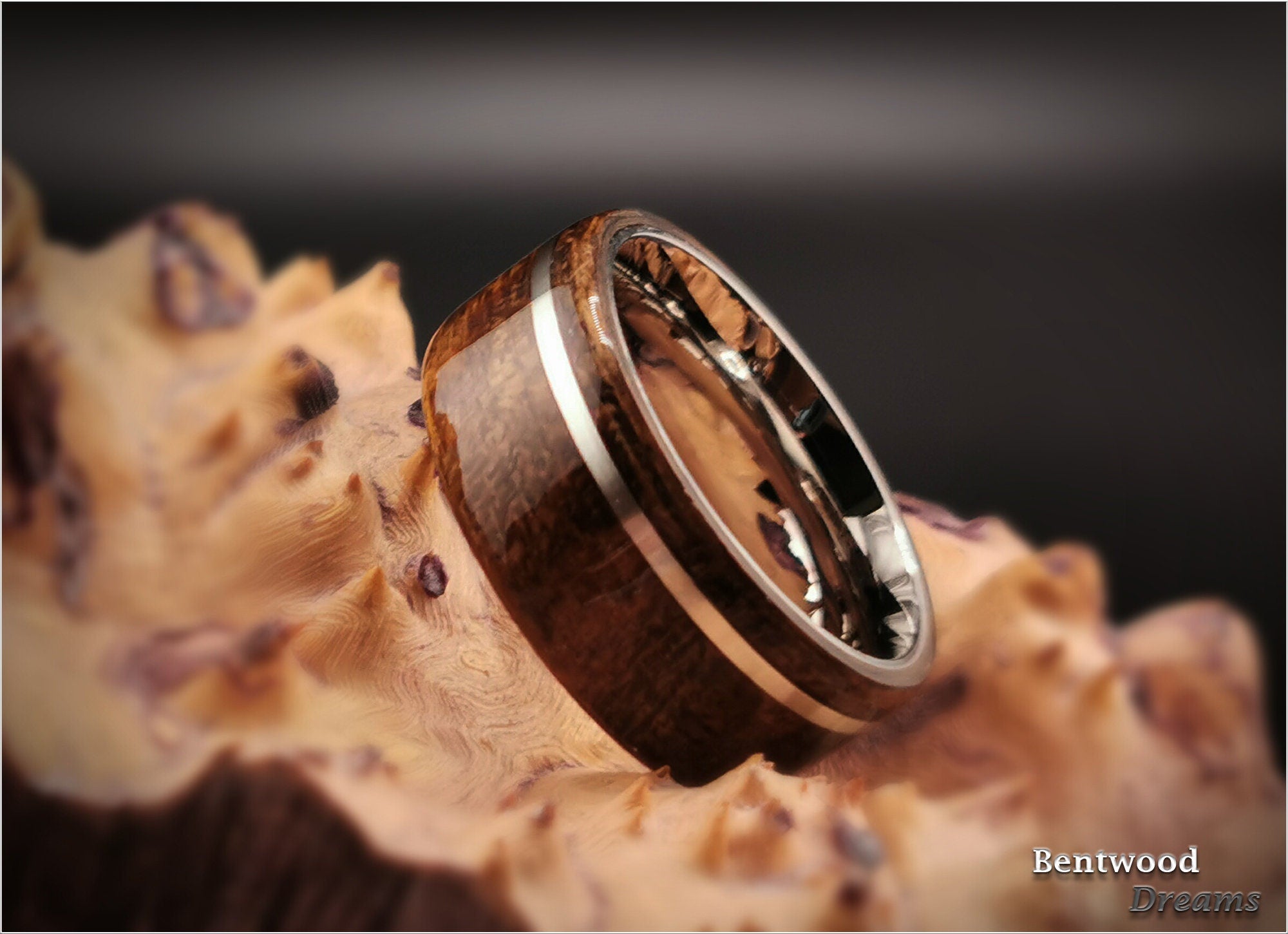 Bentwood Ring: Figured Daniella, offset inlaid Silver Wire, Polished Titanium Core, wood ring