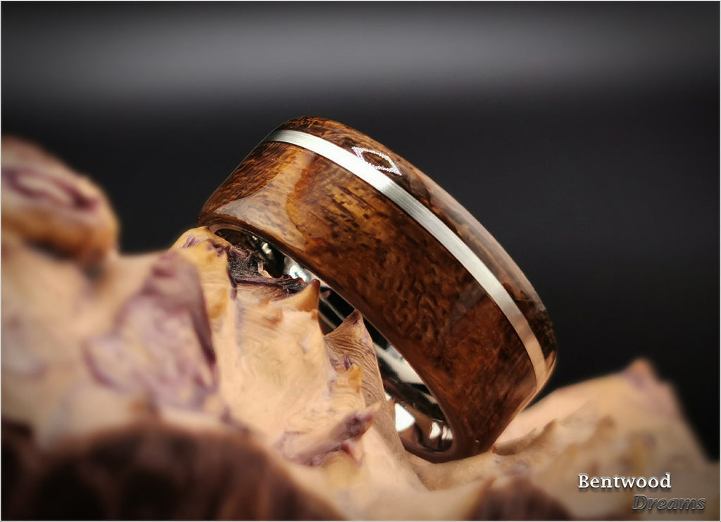 Bentwood Ring: Figured Daniella, offset inlaid Silver Wire, Polished Titanium Core, wood ring