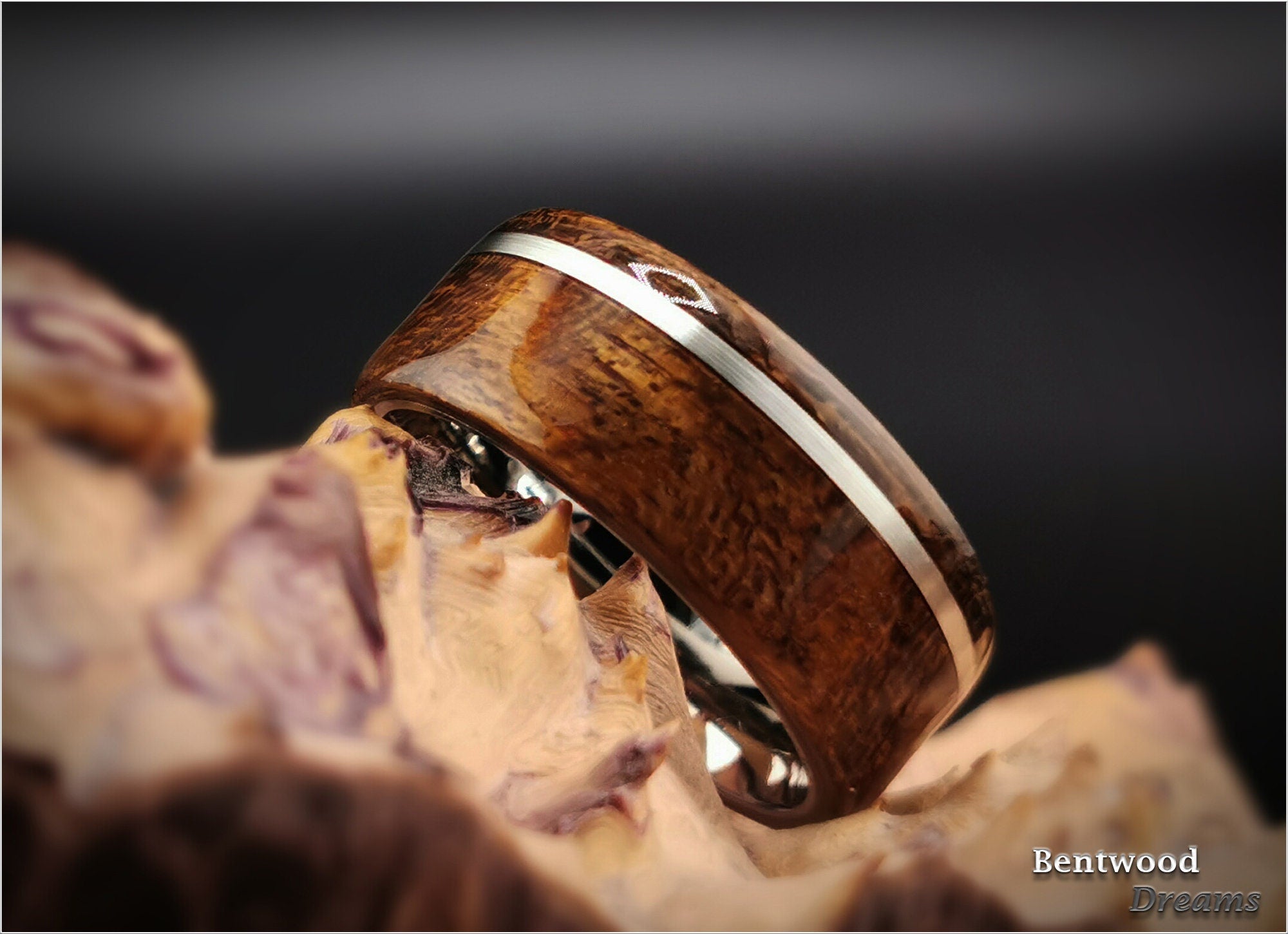 Bentwood Ring: Figured Daniella, offset inlaid Silver Wire, Polished Titanium Core, wood ring