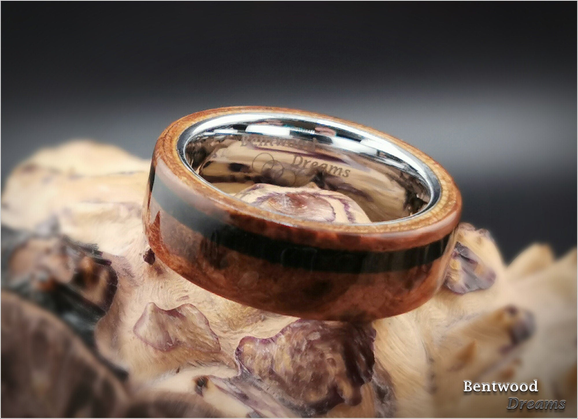 Redwood Burl Bentwood Ring: Black Tourmaline Inlay, Tungsten Core