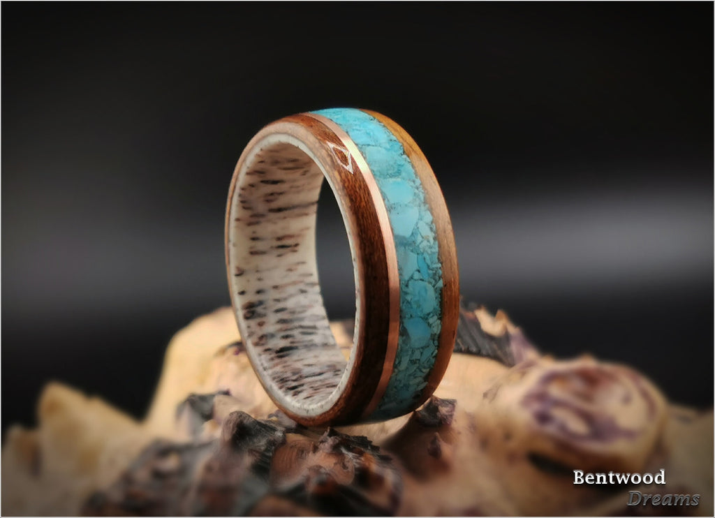 Bentwood Ring: Quartersawn Etimoe, inlaid Kingman Turquoise and Copper Wire, Deer Antler core
