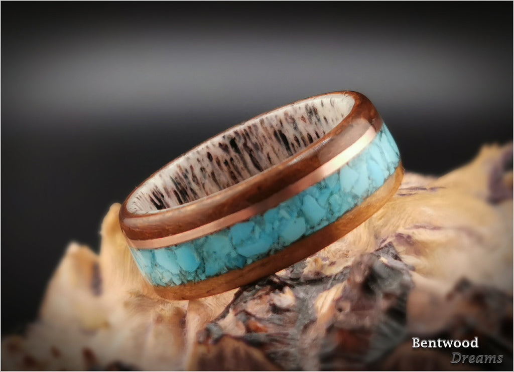 Bentwood Ring: Quartersawn Etimoe, inlaid Kingman Turquoise and Copper Wire, Deer Antler core