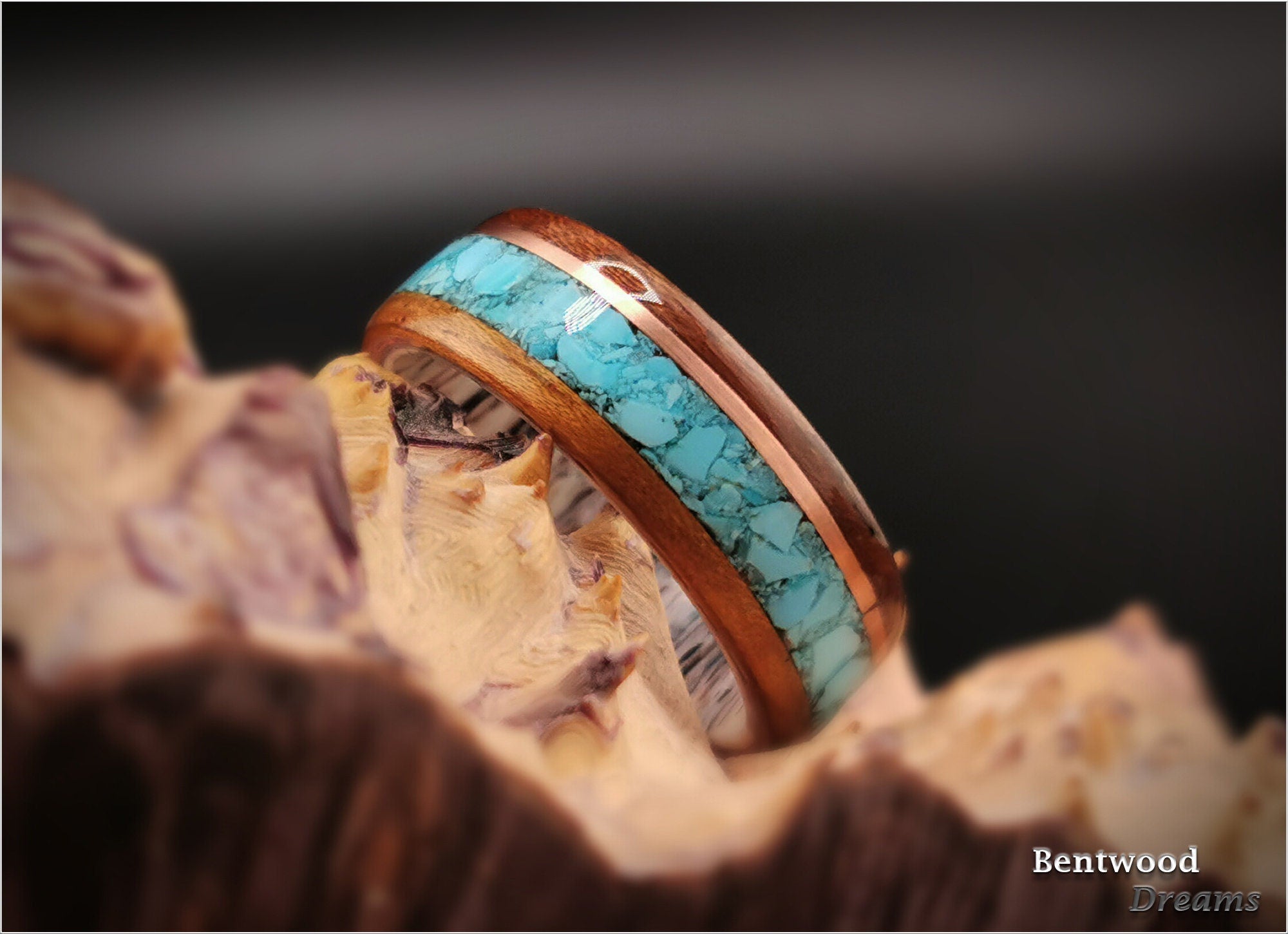 Bentwood Ring: Quartersawn Etimoe, inlaid Kingman Turquoise and Copper Wire, Deer Antler core