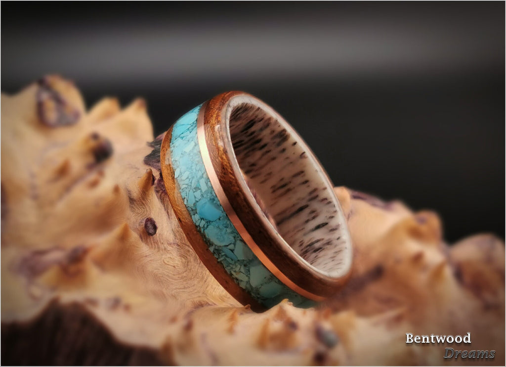 Bentwood Ring: Quartersawn Etimoe, inlaid Kingman Turquoise and Copper Wire, Deer Antler core