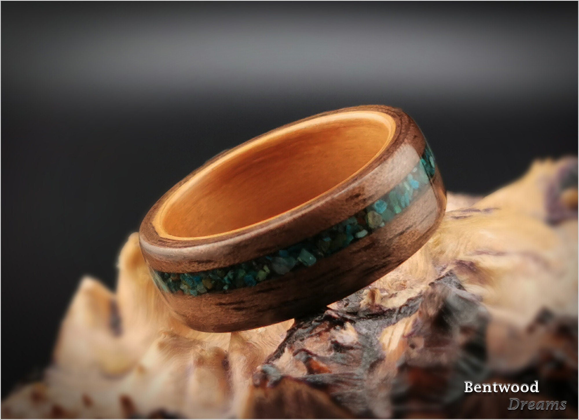 Bentwood Ring: Curly Walnut, offset inlaid Chrysocolla, Pearwood core, wood ring