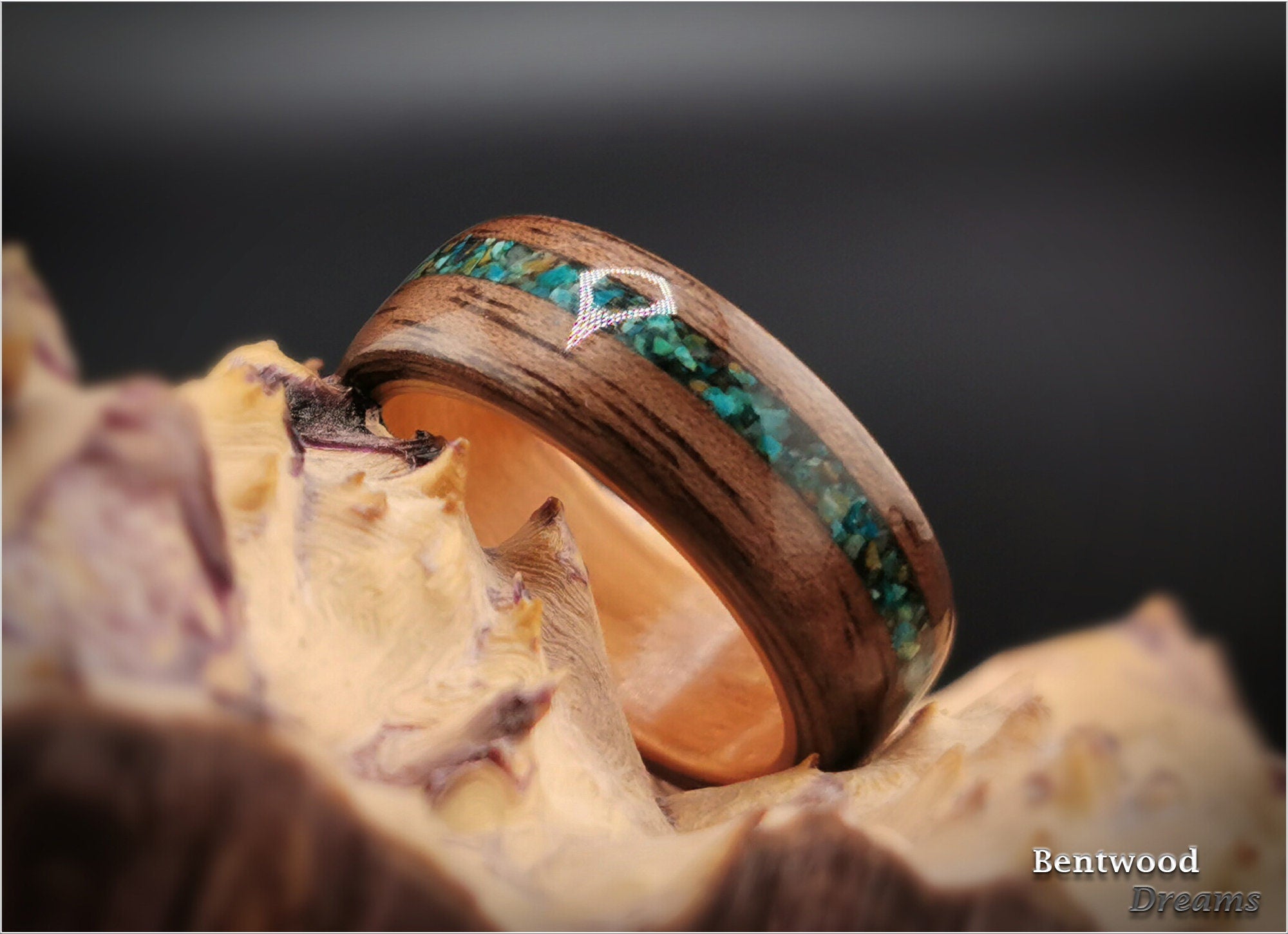 Bentwood Ring: Curly Walnut, offset inlaid Chrysocolla, Pearwood core, wood ring