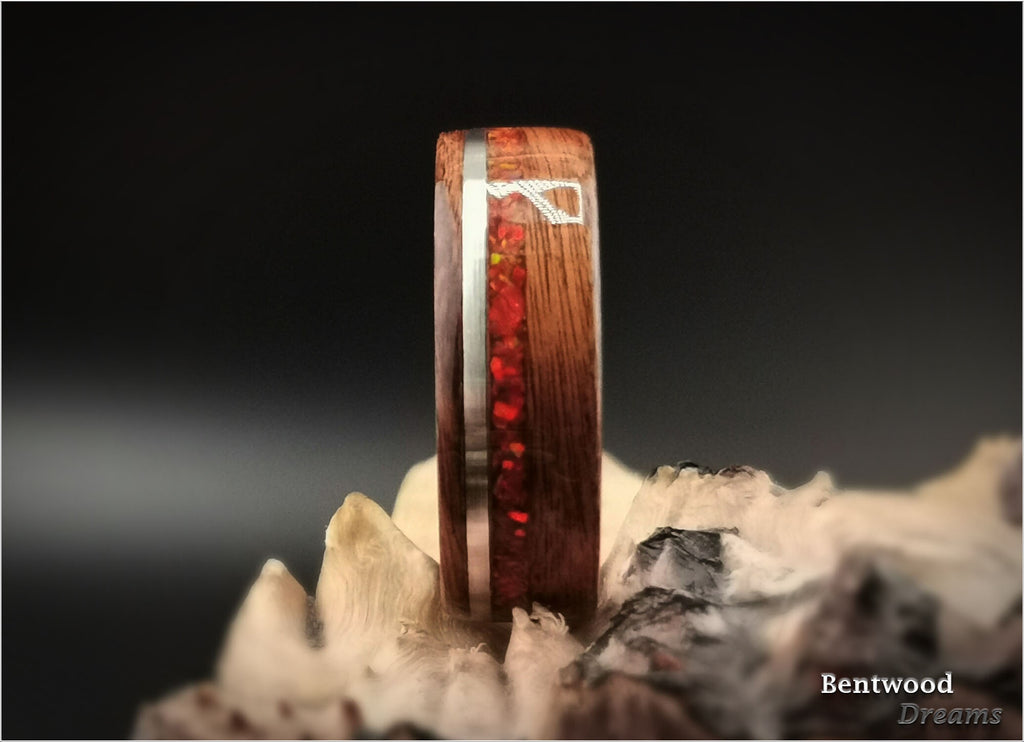 Bentwood Ring: Santos Rosewood, inlaid Sterling Silver and Lab Cultured Opal, White Tungsten core