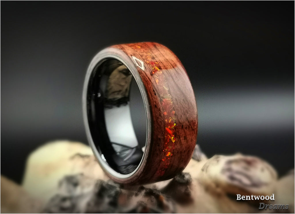 Bubinga Bentwood Ring: Lab Opal Inlay, Black Ceramic Core