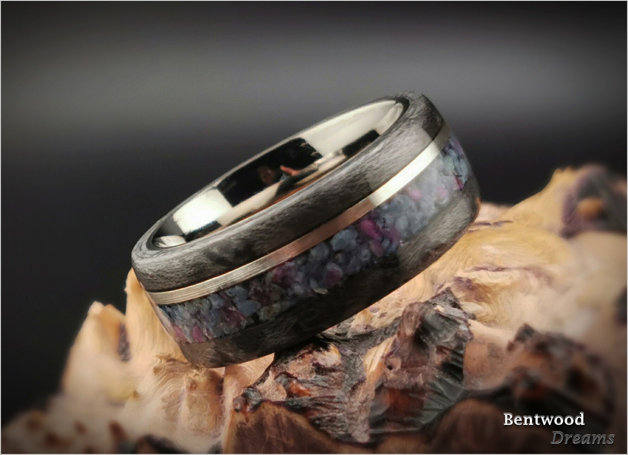 Bentwood Ring: Grey Birdseye Maple, inlaid Sterling Silver Wire and Kyanite-Ruby Matrix, Titanium core