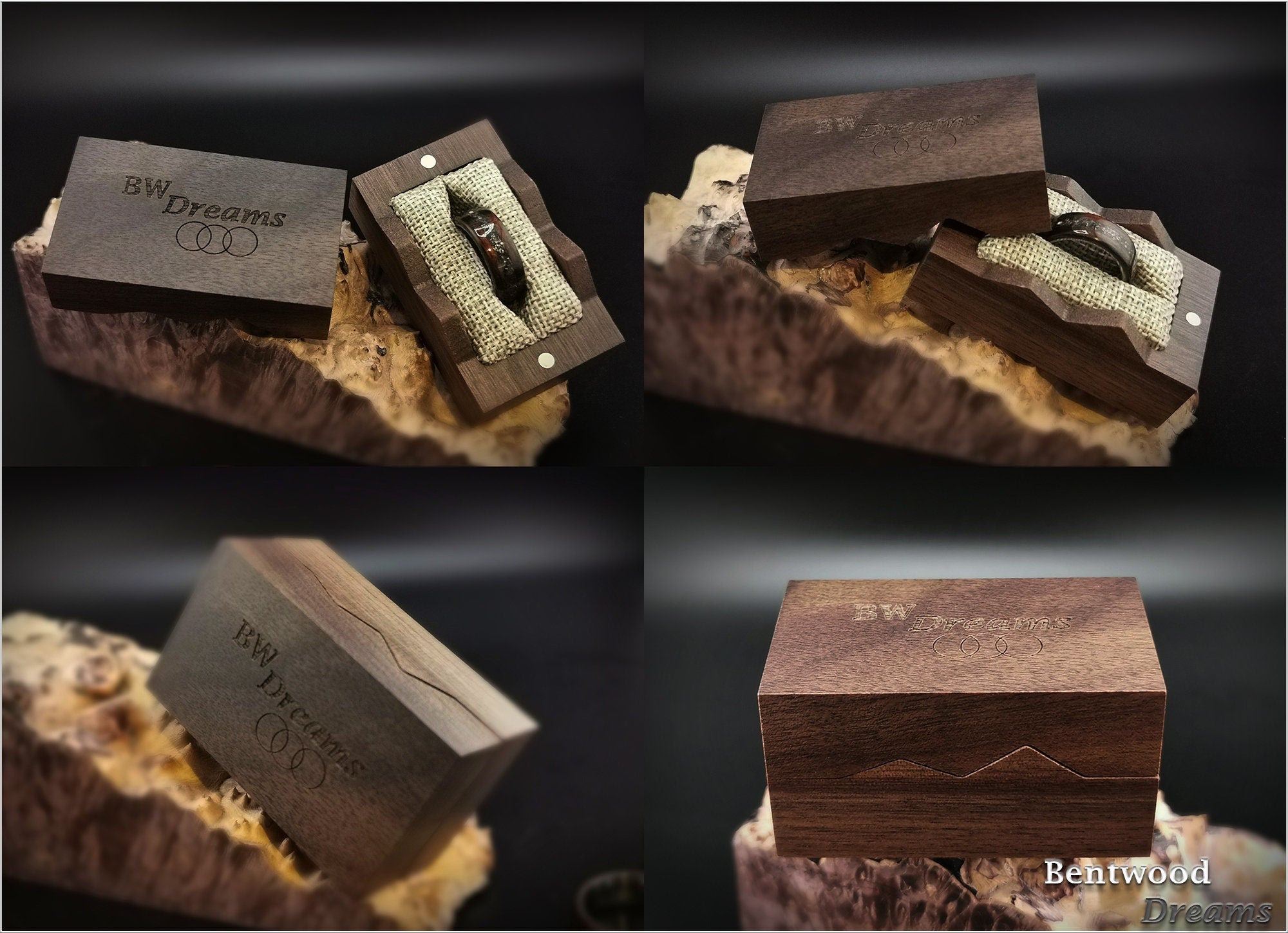 Bentwood Ring: Moabi, inlaid Fuertaventura Volcanic Sand , Polished Black Ceramic core, wood ring