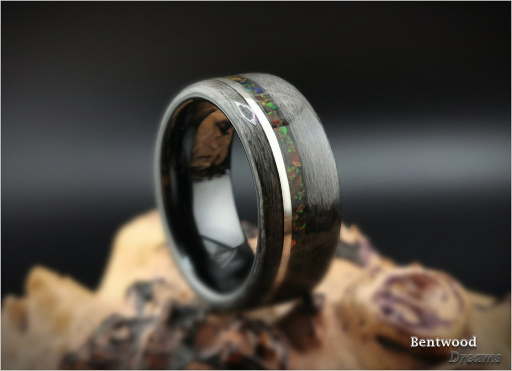 Birdseye Maple Bentwood Ring: Sterling Silver, Lab Opal Inlay, Ceramic Core