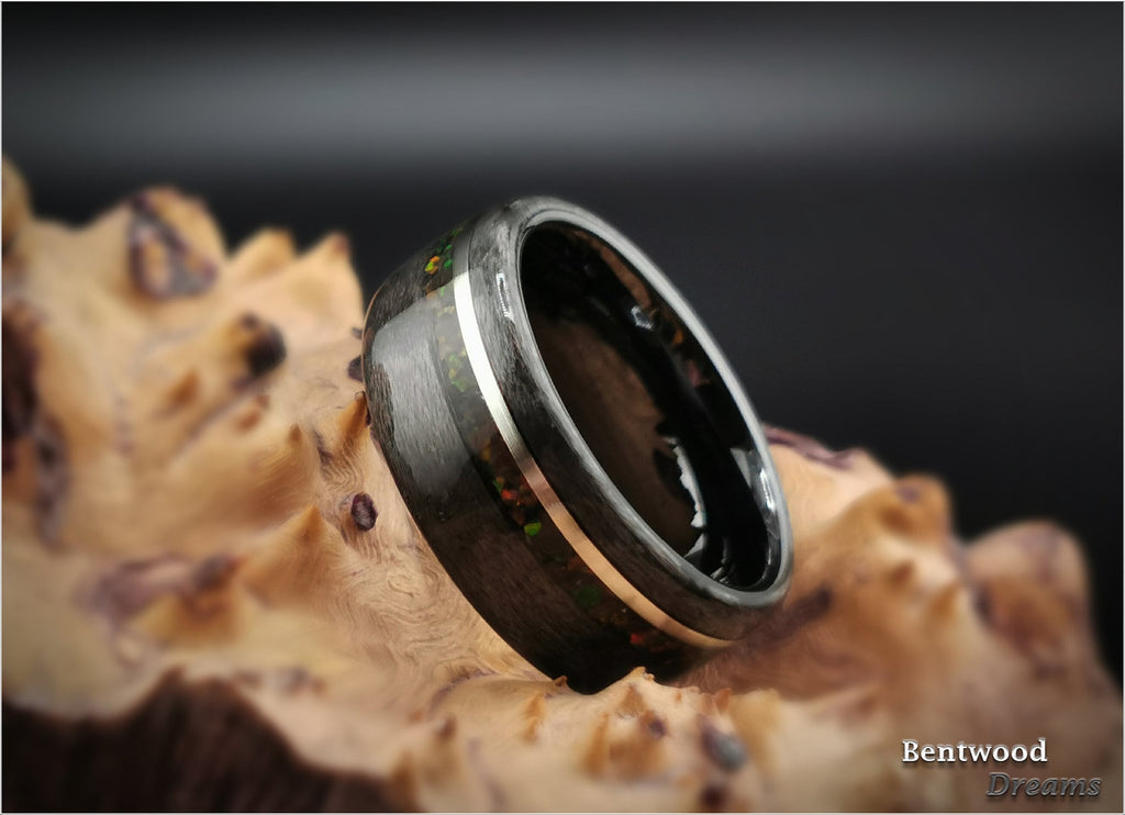 Birdseye Maple Bentwood Ring: Sterling Silver, Lab Opal Inlay, Ceramic Core