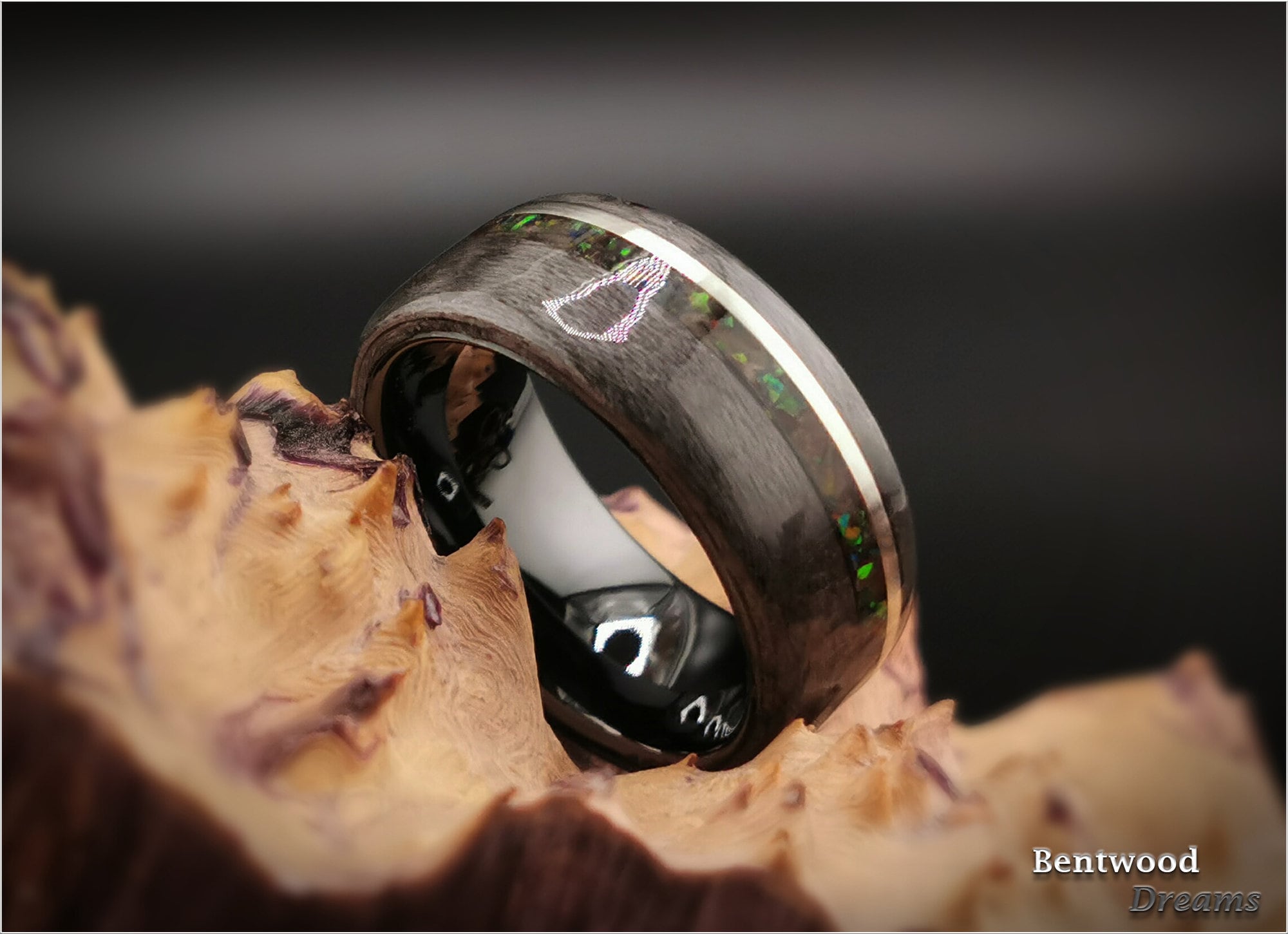 Birdseye Maple Bentwood Ring: Sterling Silver, Lab Opal Inlay, Ceramic Core