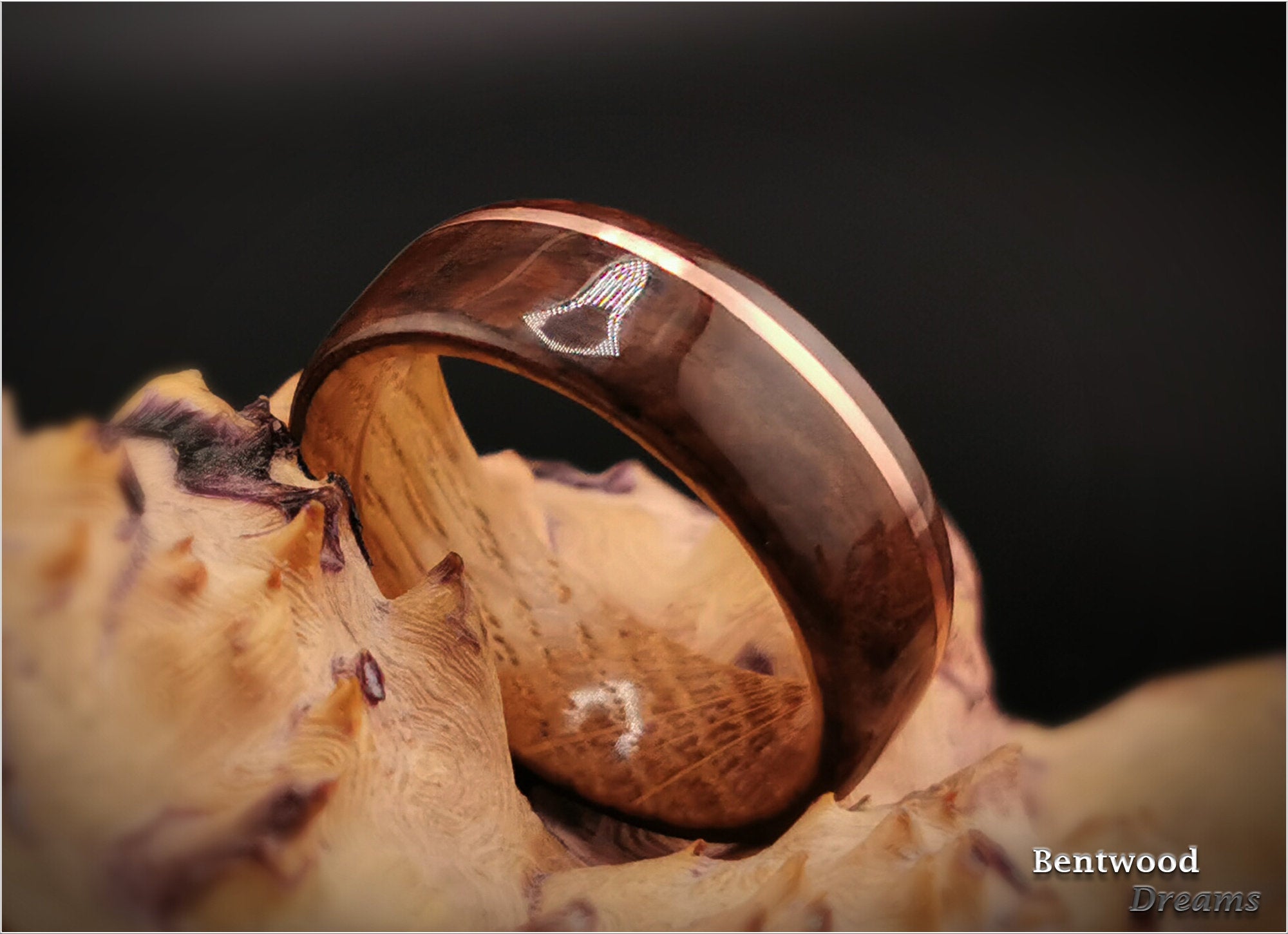 Bentwood Ring: Walnut Burl, offset inlaid Copper Wire, Whisky Barrel Oak core, wood ring