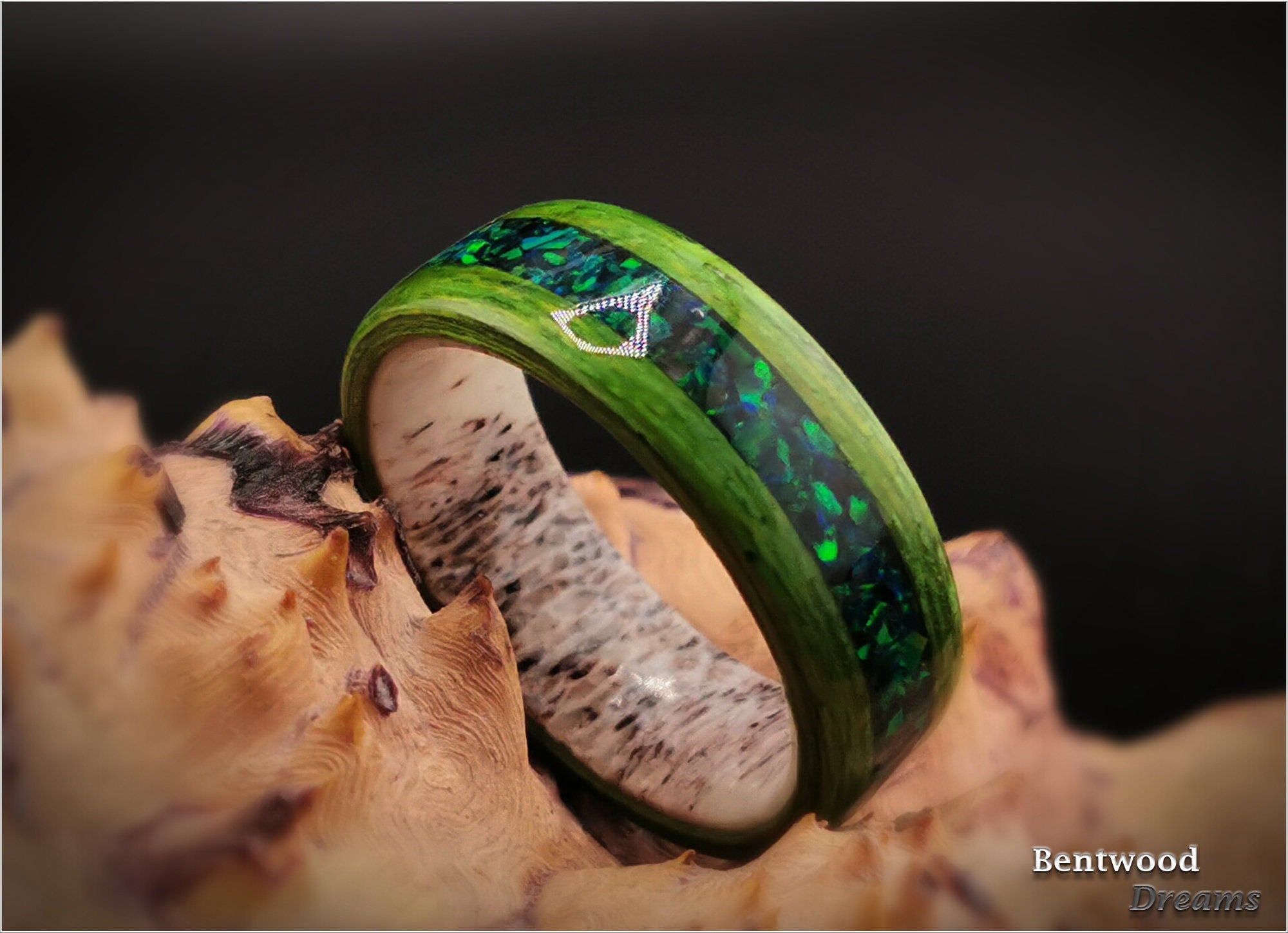 Bentwood Ring: Green Koto, inlaid Lab Cultured Opal, Deer Antler core, wood ring