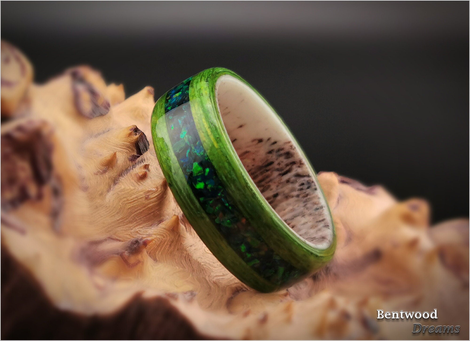 Bentwood Ring: Green Koto, inlaid Lab Cultured Opal, Deer Antler core, wood ring