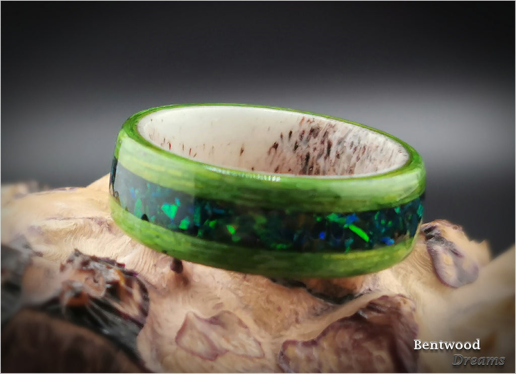 Bentwood Ring: Green Koto, inlaid Lab Cultured Opal, Deer Antler core, wood ring