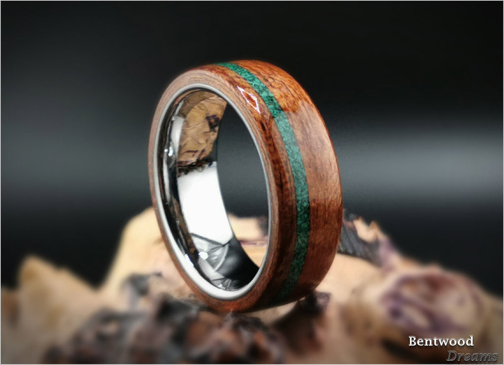 Bentwood Ring: Etimoe, offset inlaid Green Malachite, Tungsten Carbide core, wood ring