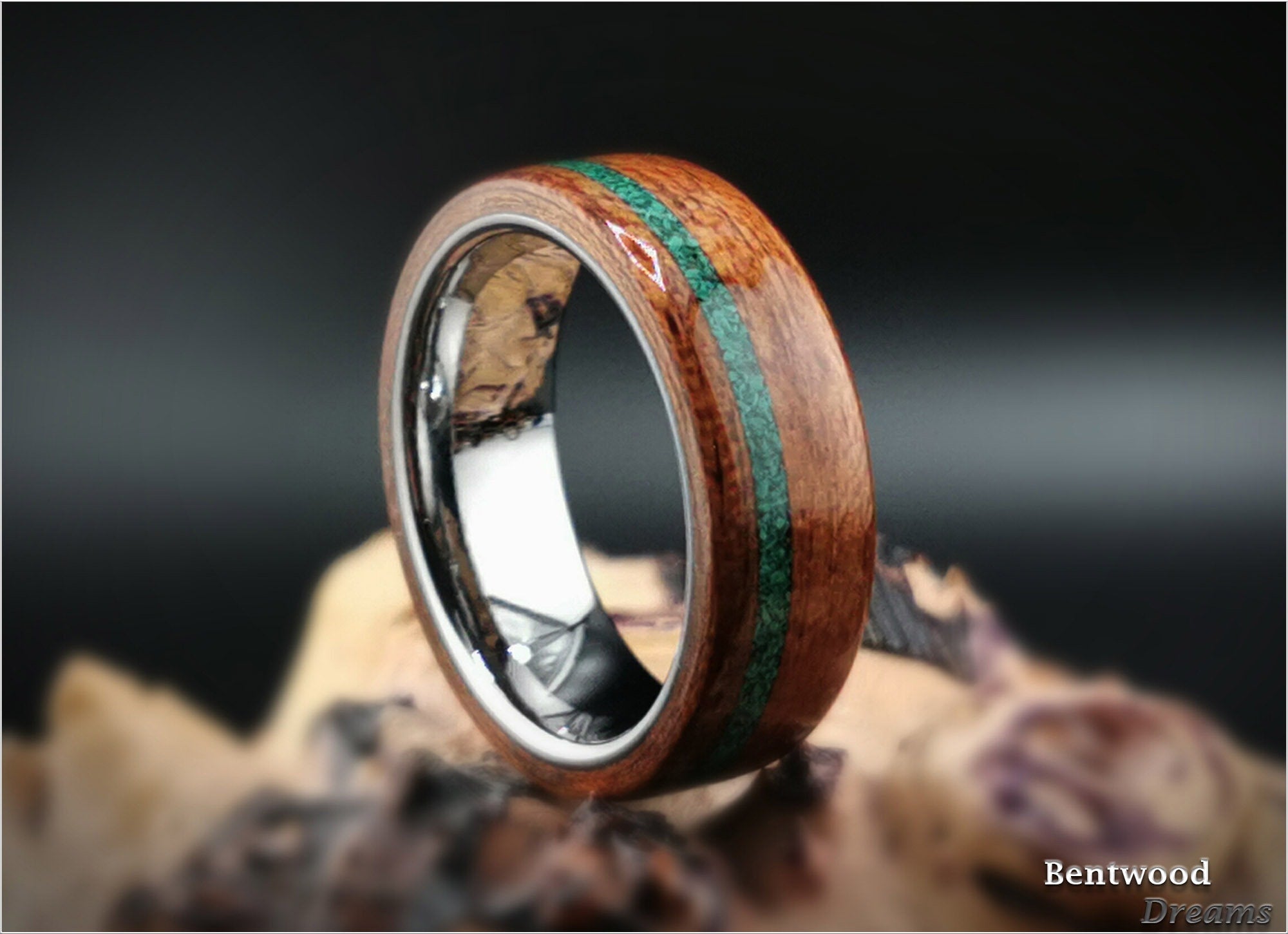 Bentwood Ring: Etimoe, offset inlaid Green Malachite, Tungsten Carbide core, wood ring
