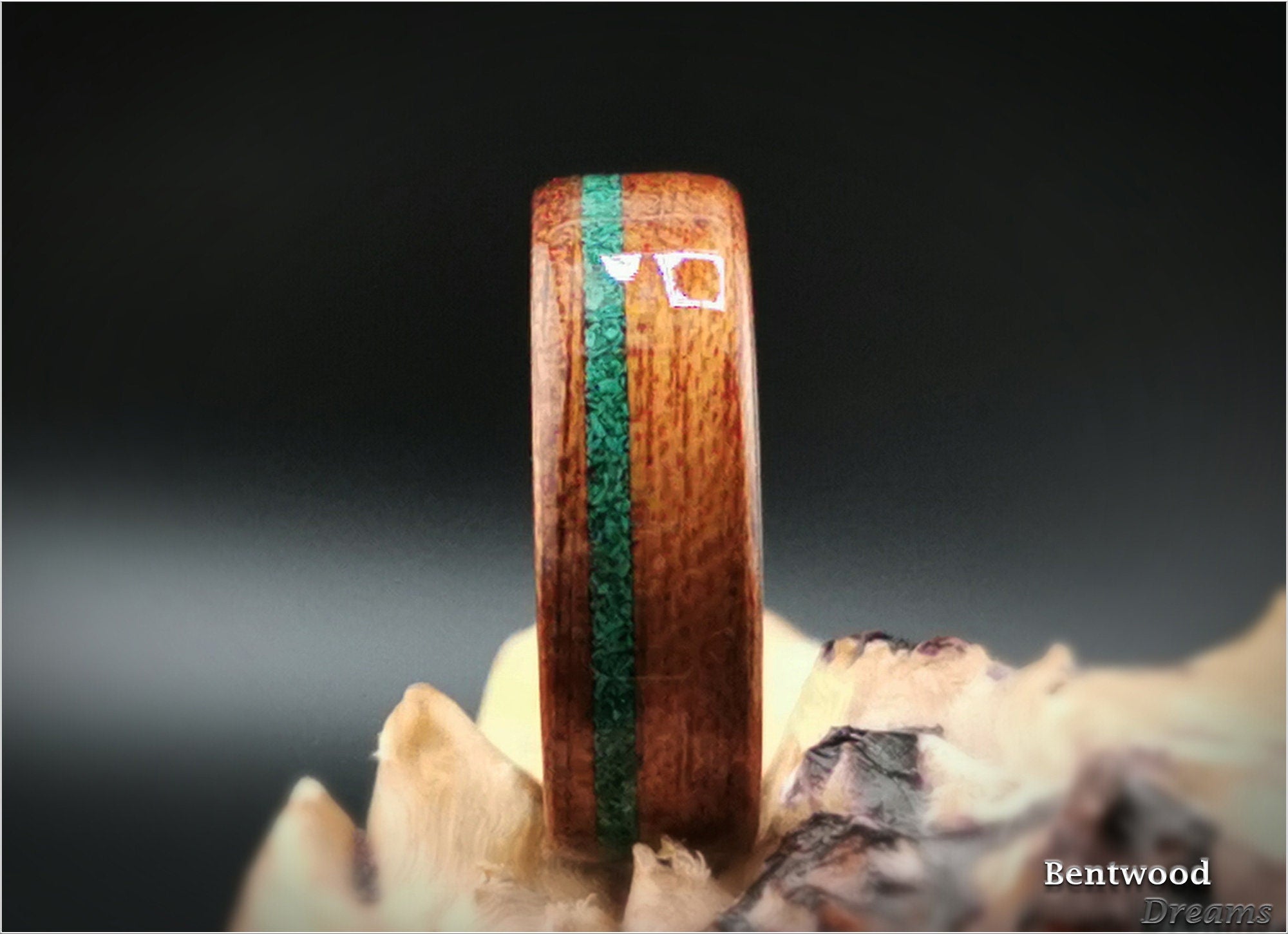 Bentwood Ring: Etimoe, offset inlaid Green Malachite, Tungsten Carbide core, wood ring