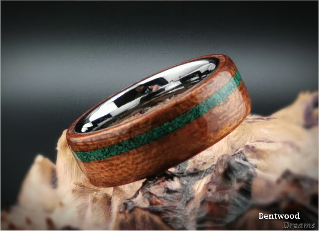 Bentwood Ring: Etimoe, offset inlaid Green Malachite, Tungsten Carbide core, wood ring