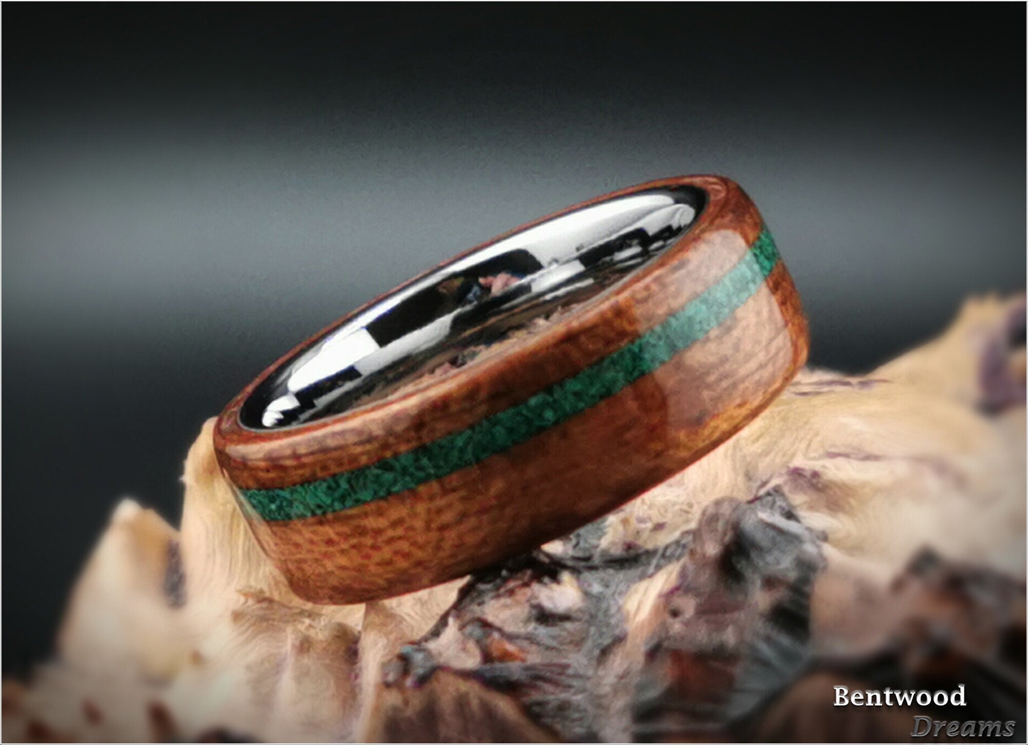 Bentwood Ring: Etimoe, offset inlaid Green Malachite, Tungsten Carbide core, wood ring