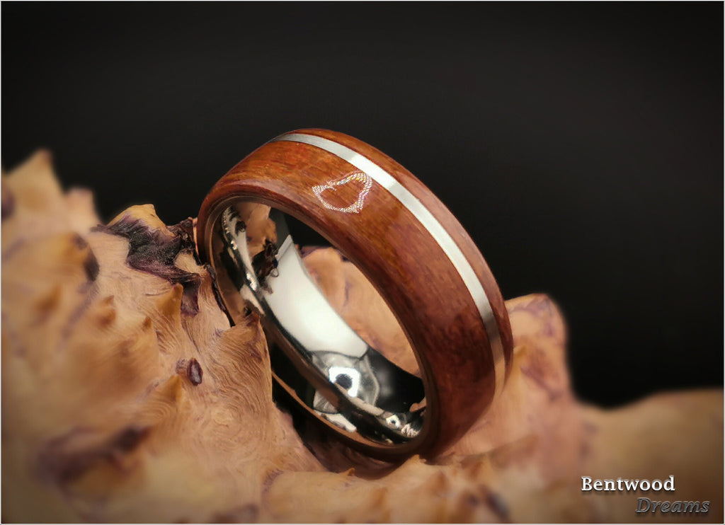 Bentwood Ring: Redwood, offset inlaid Sterling Silver, Polished Titanium core, wood ring