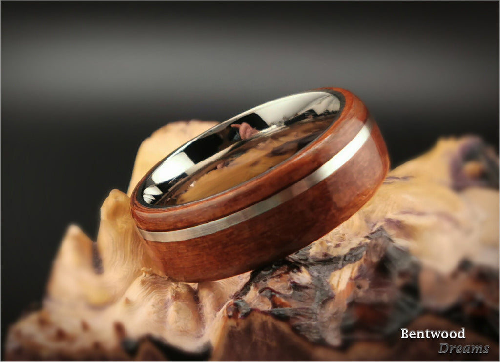 Bentwood Ring: Redwood, offset inlaid Sterling Silver, Polished Titanium core, wood ring