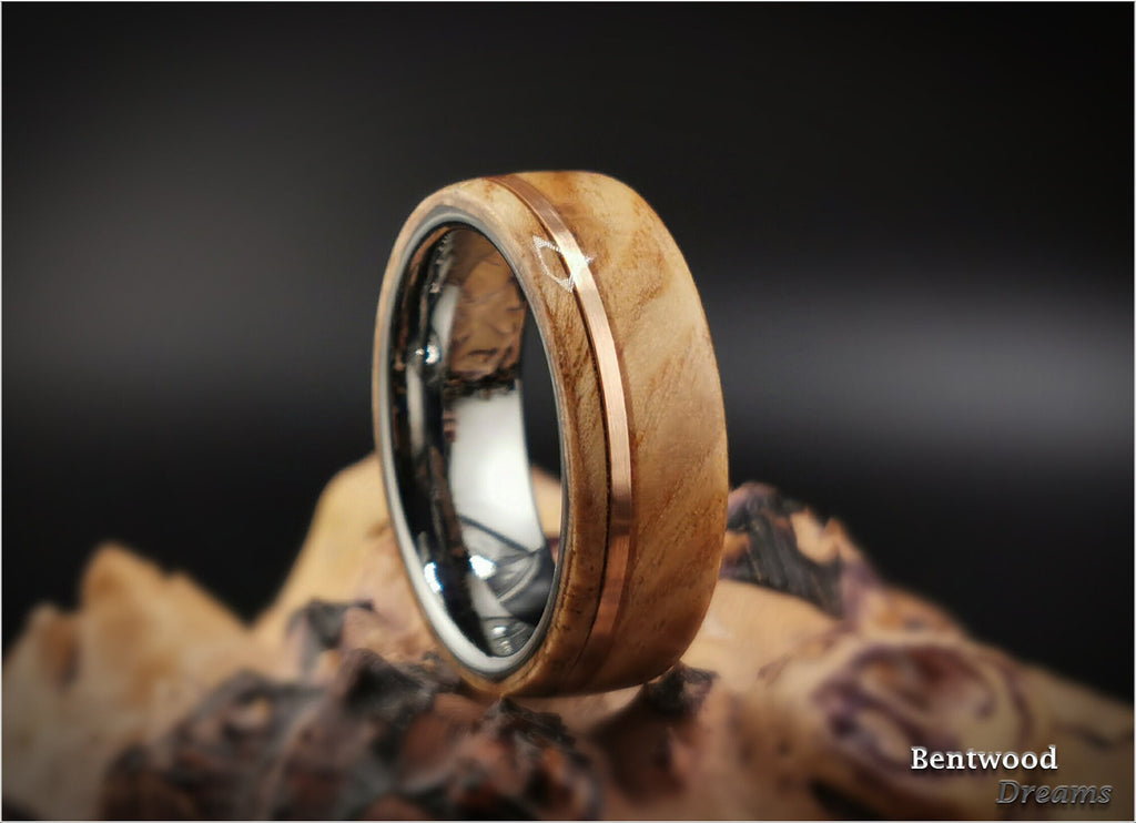 Olive Ash Burl Bentwood Ring: Bronze Inlay, Tungsten Core