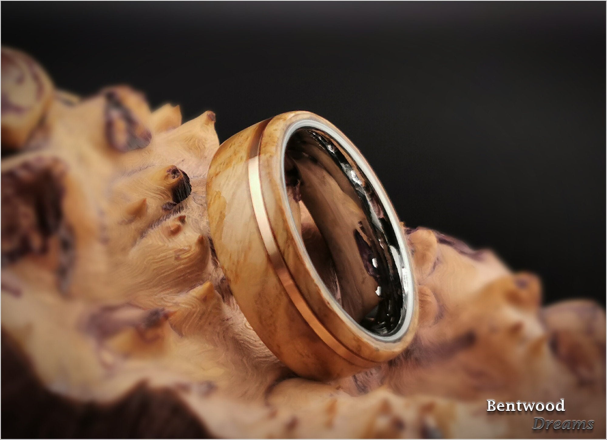 Olive Ash Burl Bentwood Ring: Bronze Inlay, Tungsten Core