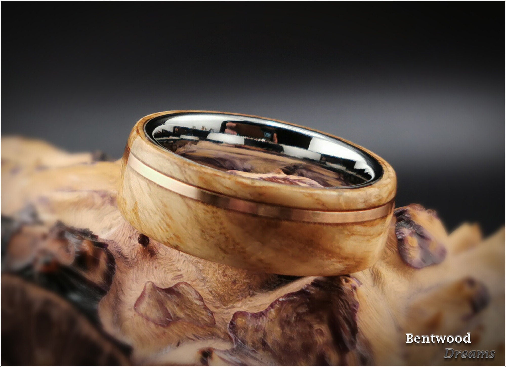 Olive Ash Burl Bentwood Ring: Bronze Inlay, Tungsten Core