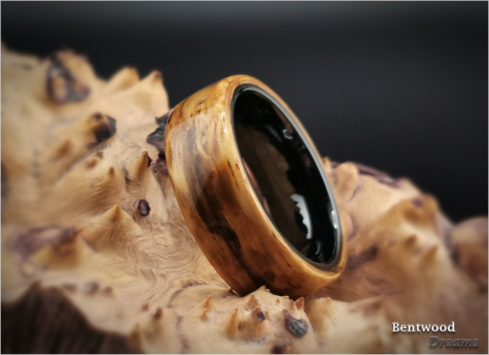 Bentwood Ring: Marbled Zebrano, Polished Black Ceramic core