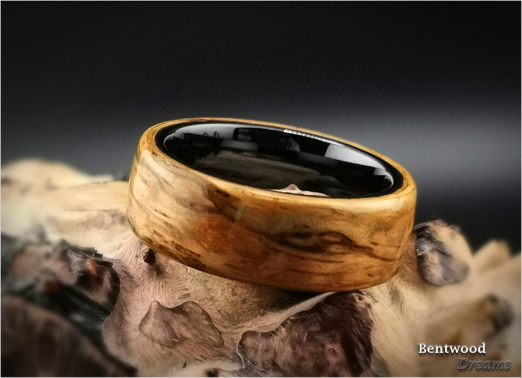 Bentwood Ring: Marbled Zebrano, Polished Black Ceramic core