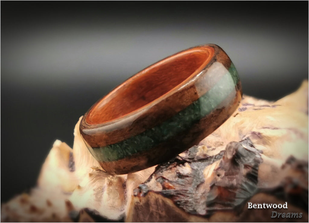Claro Walnut Burl Bentwood Ring: Buddstone Inlay, Plum Wood Core