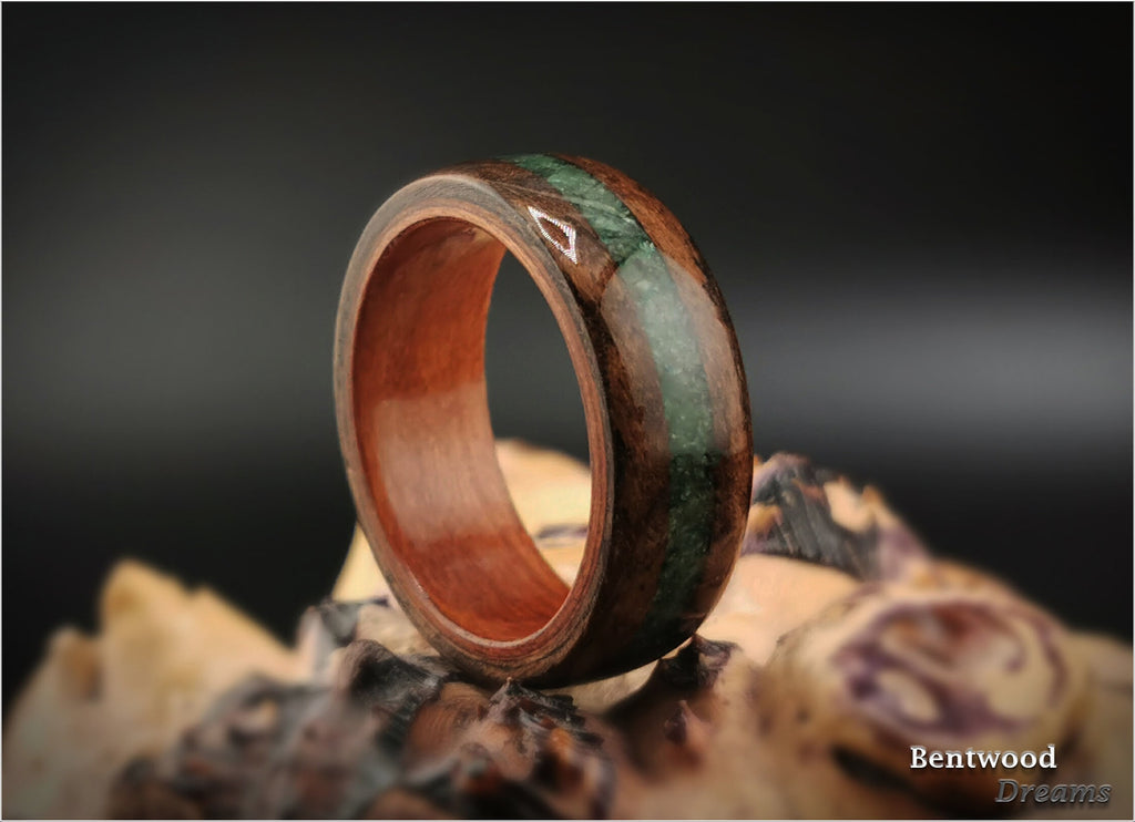 Claro Walnut Burl Bentwood Ring: Buddstone Inlay, Plum Wood Core