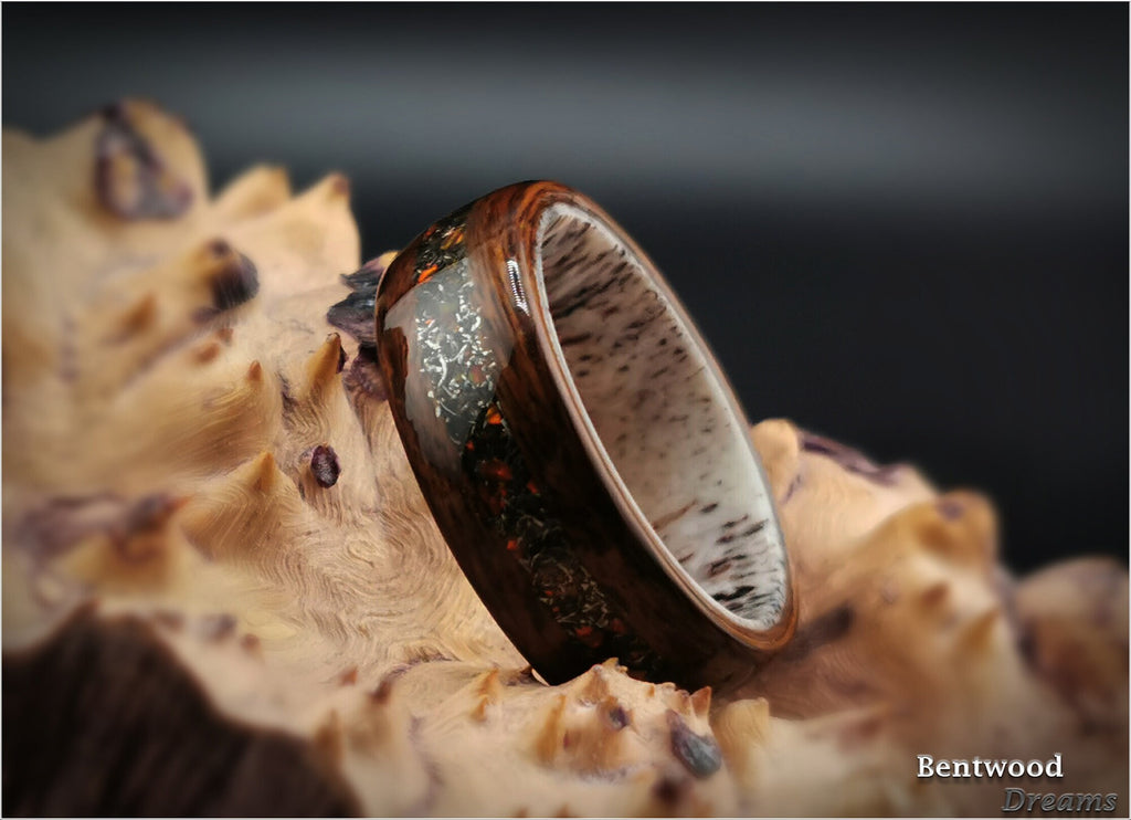 Bentwood Ring: Santos Rosewood, inlaid Seymchan Meteorite and Cultured Opal, Deer Antler core