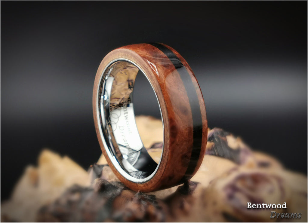 Redwood Burl Bentwood Ring: Black Tourmaline Inlay, Tungsten Core