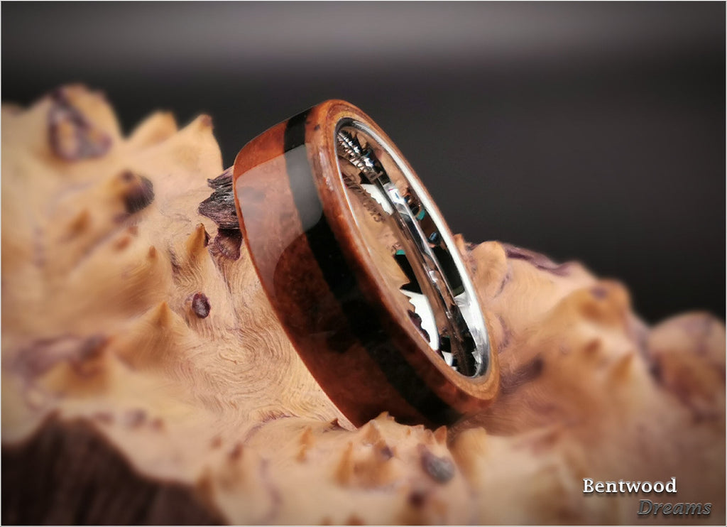 Redwood Burl Bentwood Ring: Black Tourmaline Inlay, Tungsten Core