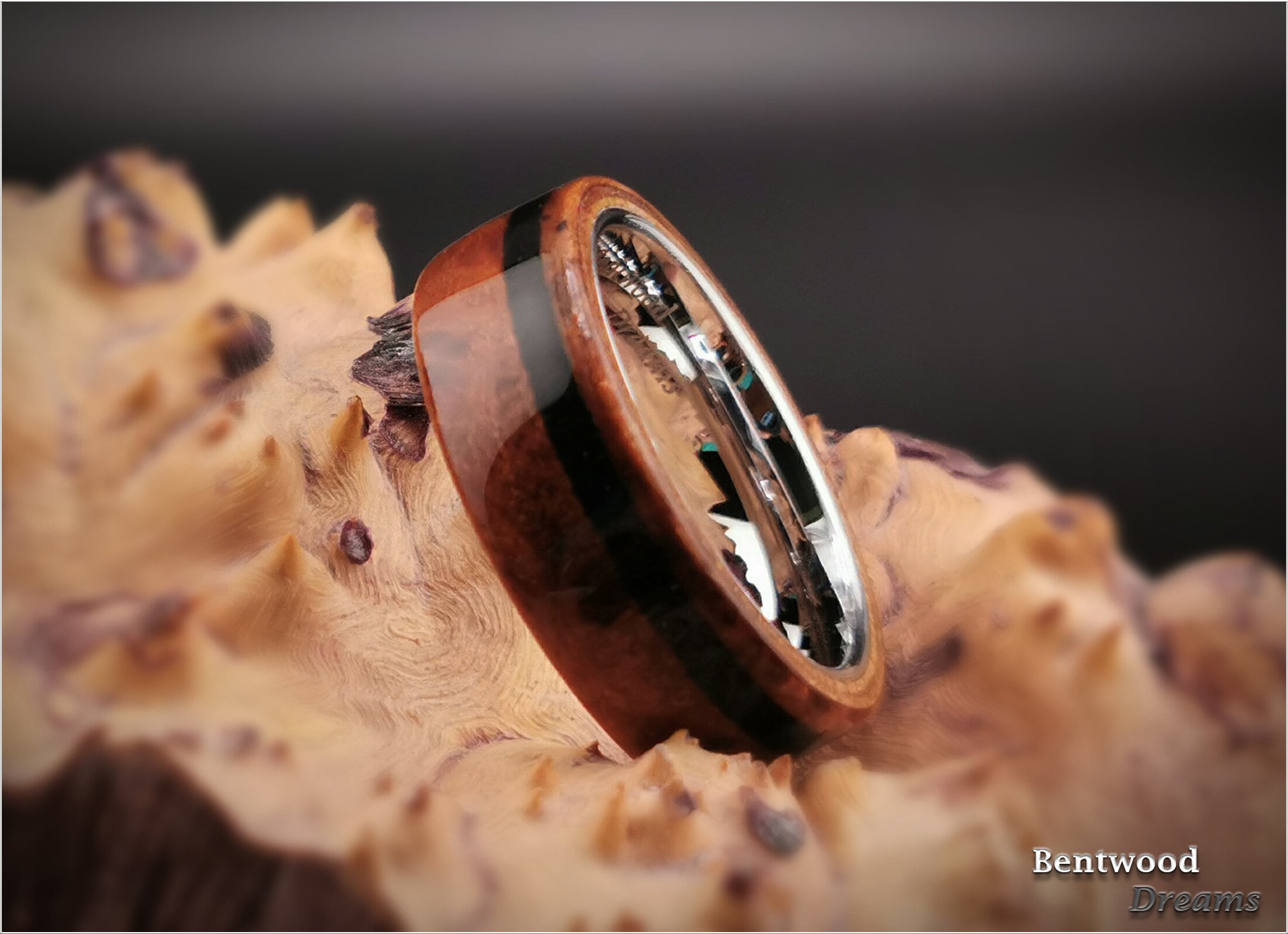 Redwood Burl Bentwood Ring: Black Tourmaline Inlay, Tungsten Core