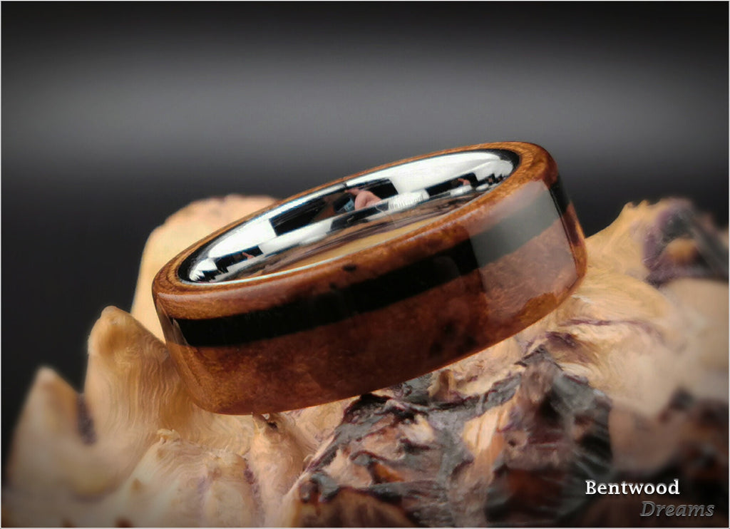 Redwood Burl Bentwood Ring: Black Tourmaline Inlay, Tungsten Core