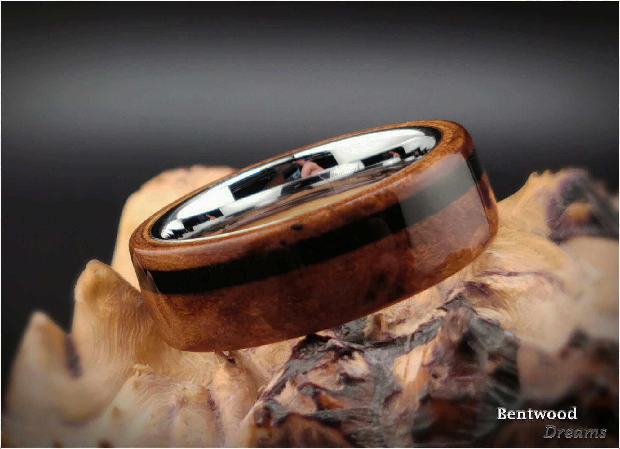 Redwood Burl Bentwood Ring: Black Tourmaline Inlay, Tungsten Core
