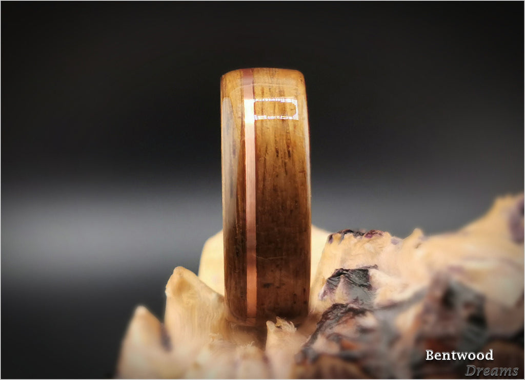 Bentwood Ring: Smoked Red Oak, offset inlaid Copper Wire, Polished Black Ceramic Core