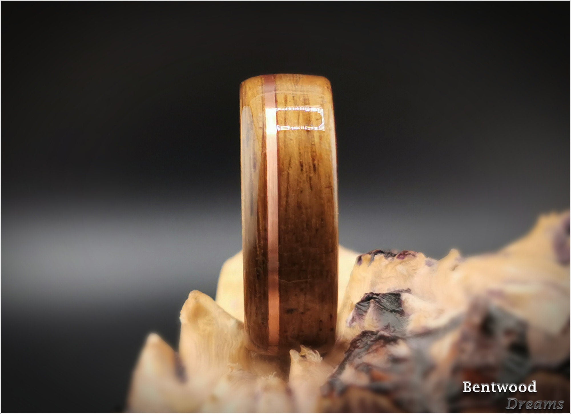 Bentwood Ring: Smoked Red Oak, offset inlaid Copper Wire, Polished Black Ceramic Core