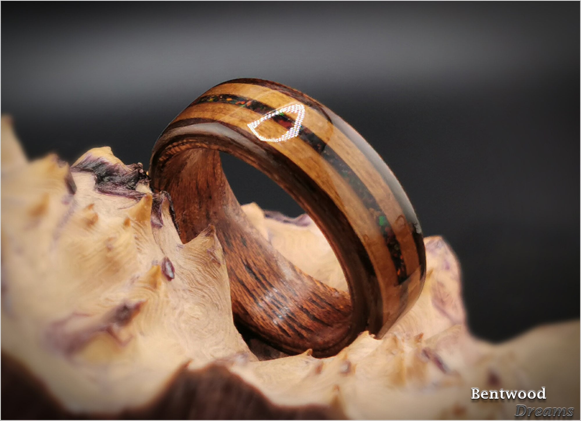 Bentwood Ring: Smoked Etimoe, inlaid Fumed Aspen and Lab Opal, African Raindrop Mahogany core