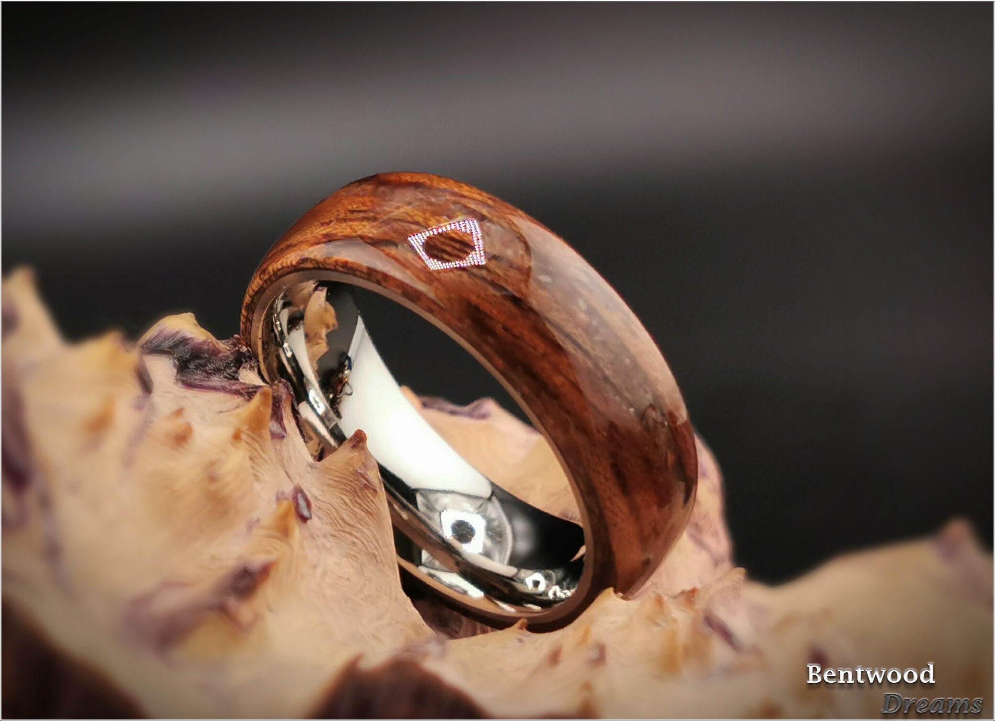 Tiger Etimoe Bentwood Ring: Petrified Wood Inlay, Titanium Core