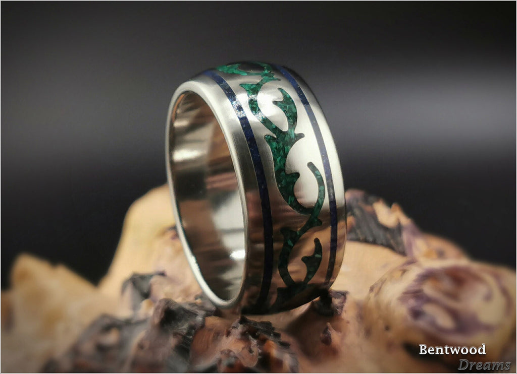 Titanium Viking Ring, Green Malachite Lapis Lazuli Inlay, Grade 5 Titanium Core, Quick Ship