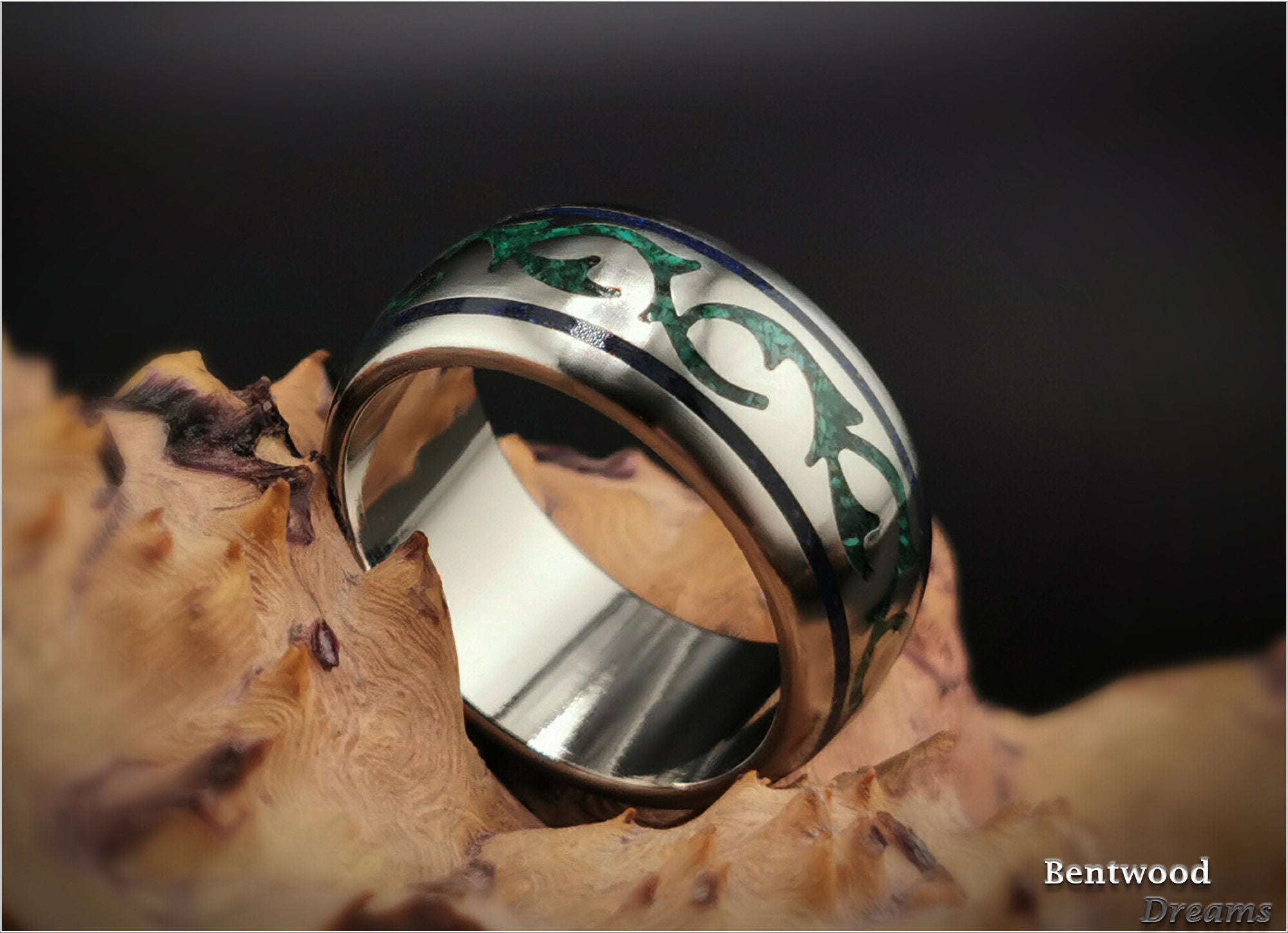 Titanium Viking Ring, Green Malachite Lapis Lazuli Inlay, Grade 5 Titanium Core, Quick Ship